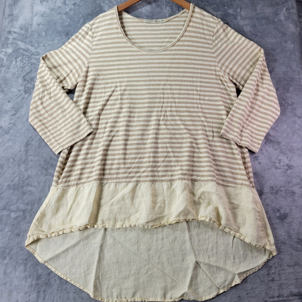 Cut Loose Womens Linen Blend Striped Tunic‎ Top M Beige Lagenlook Made in USA